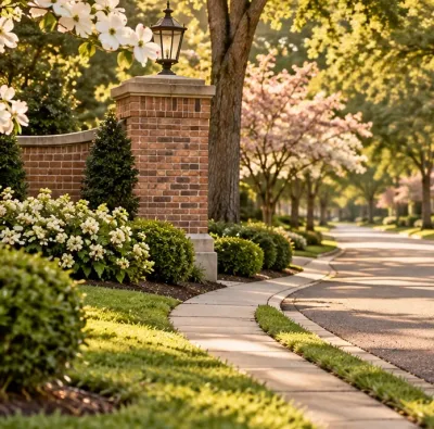 Landscaped common area with a paved path