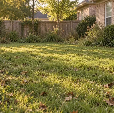 Clean backyard lawn beside a wooden fence