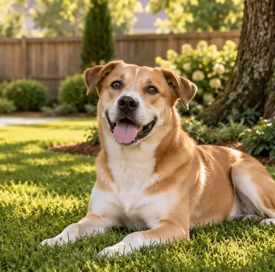 Dog lying on a freshly cut backyard lawn