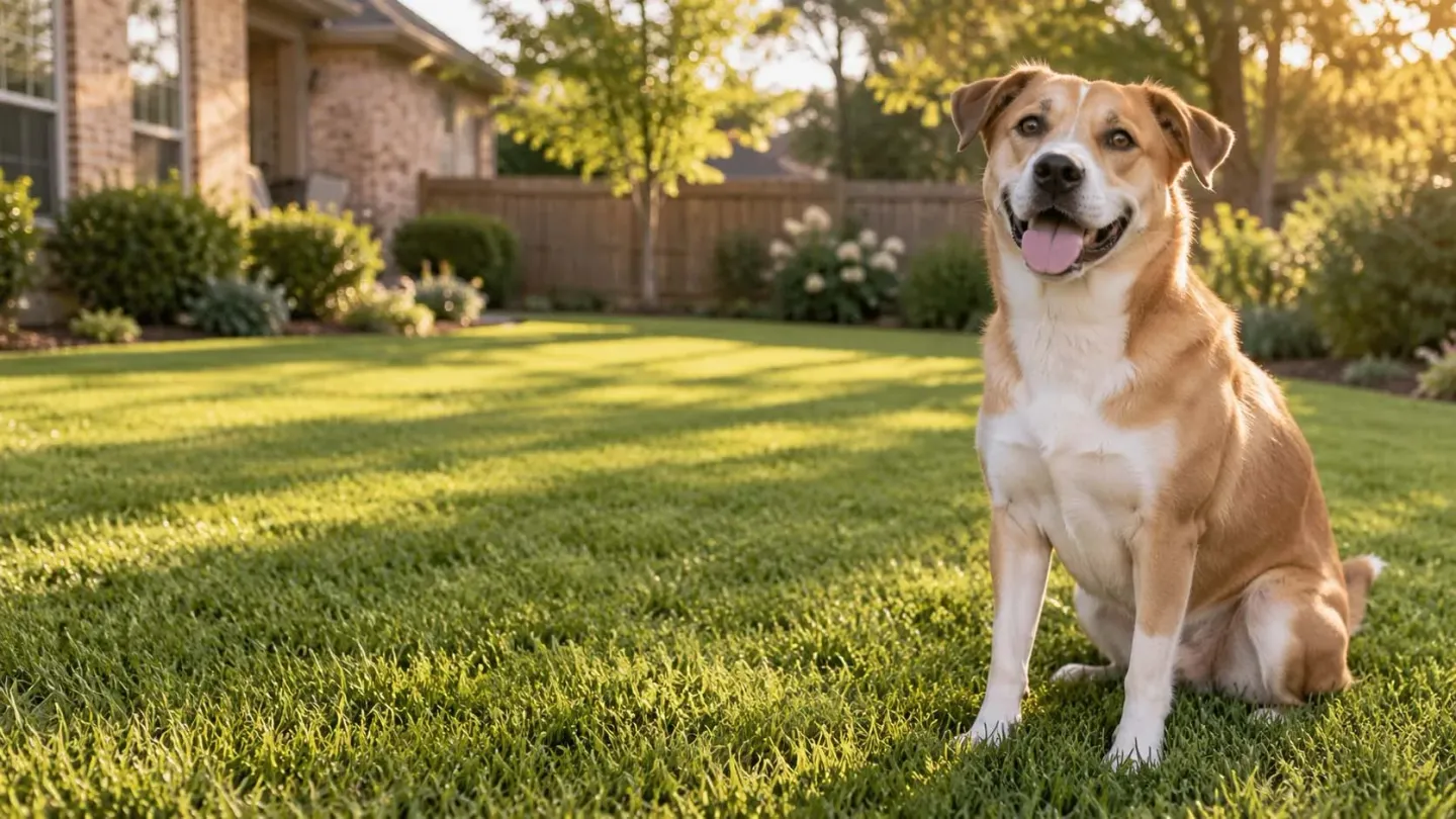 Dog sitting on a suburban backyard lawn in evening light